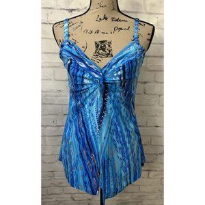 Miraclesuit Sz 14 DD Atlantis Love Knot Tankini Swimsuit Top Blue Layered Front
